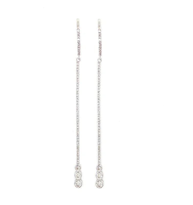 Elegant Dangle Earrings For Bridal Look-14K White Gold Diamond Bezel Set Bar Dangle Earrings