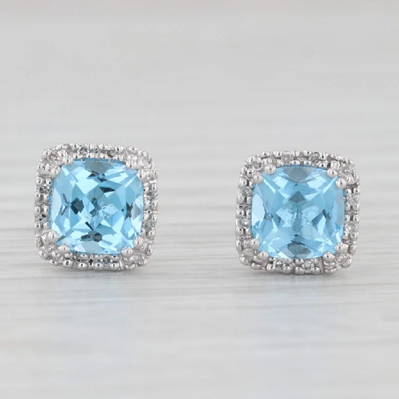 Colorful Earrings For Playful Fashion-2.34ctw Blue Topaz Diamond Halo Stud Earrings 14k White Gold