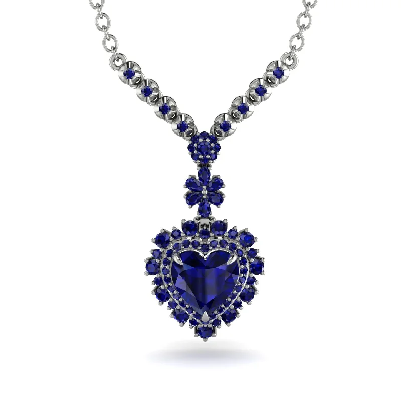 Sparkling Bar Necklaces For Evening Wear-Heart Sapphire Royal Vintage Gold Necklace - Gia No. 75