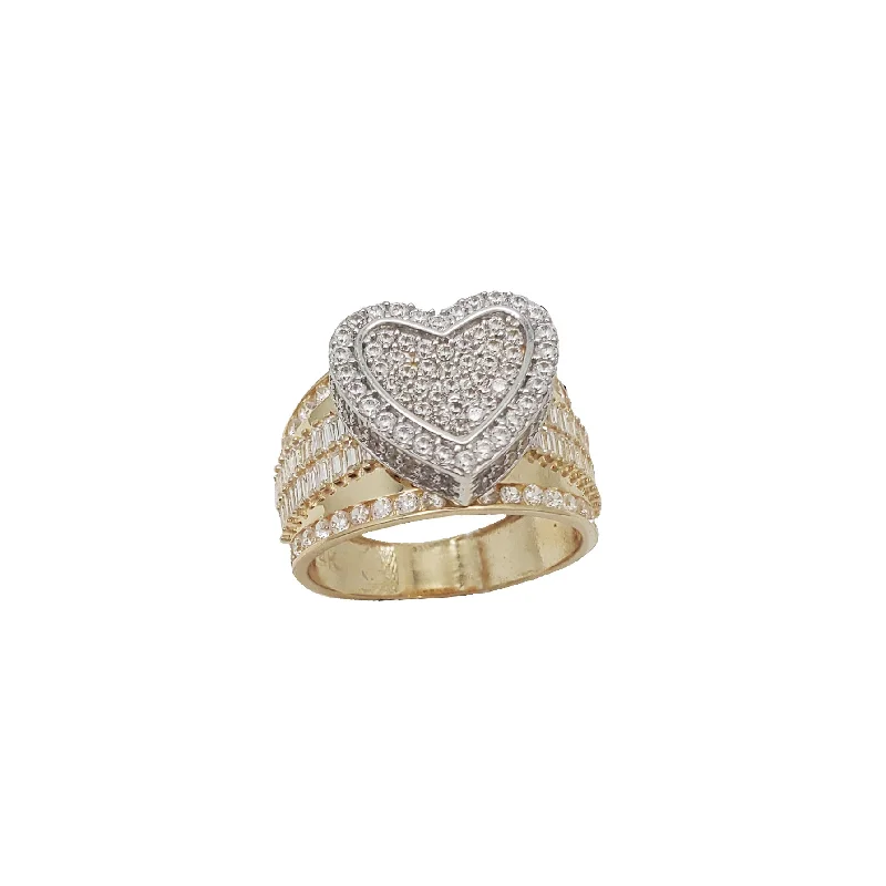 Trendy Silver Rings For Casual Wear-Zirconia Two-Tone Baguette Heart Ring (14K)