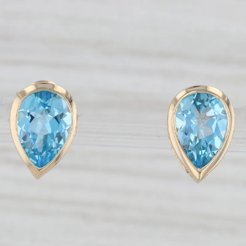 Pearl Drop Earrings For Weddings-4.80ctw Pear Solitaire Blue Topaz Stud Earrings 14k Yellow Gold