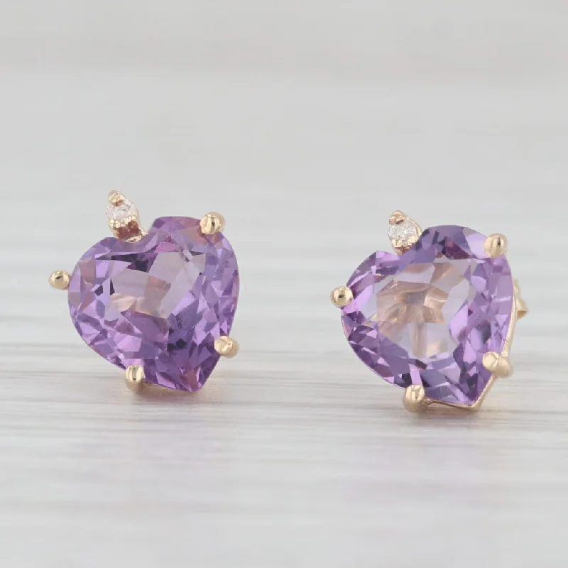 Beautiful Silver Earrings For Wedding Jewelry-3.20ctw Amethyst Heart Stud Earrings 14k Yellow Gold Diamond Accents