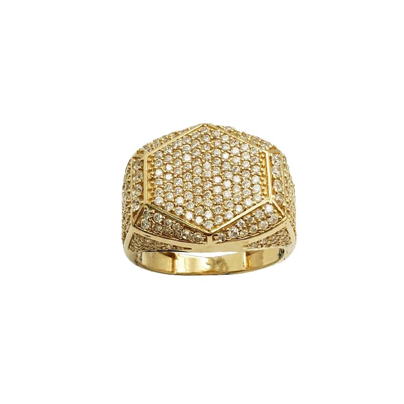 Trendy Statement Rings For Fashion Lovers-Iced-Out Hexagon Men's Ring (18K)