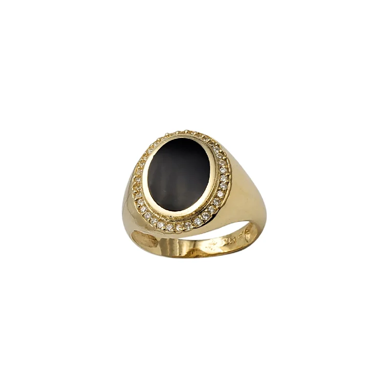 Custom Wedding Bands For Meaningful Gifts-Halo Black Onyx Oval Signet Ring (14K)