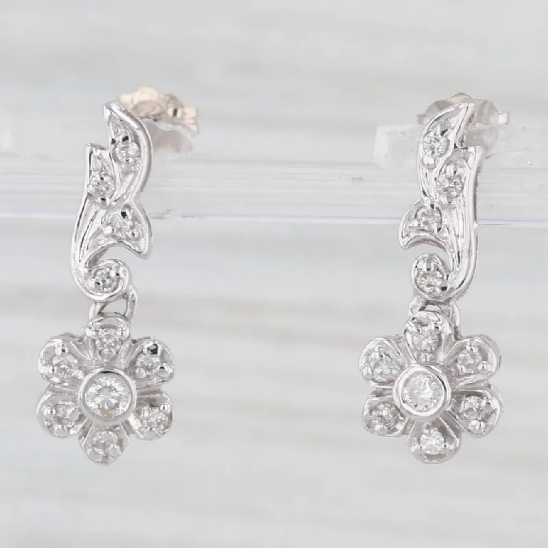 Sparkling Stud Earrings For Evening Glam-0.30ctw Diamond Flower Dangle Earrings 14k White Gold Pierced Drops