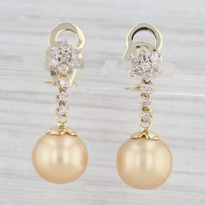 Personalized Dangle Earrings For Women-0.38ctw Diamond Cultured Golden Pearl Dangle Earrings 14k Yellow Gold