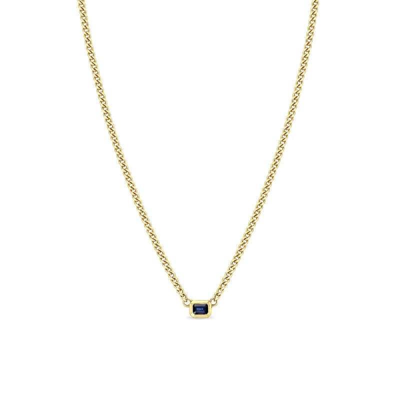 Classic Rope Chain Necklaces For Every Day-14k Emerald Cut Blue Sapphire Bezel Curb Chain Necklace