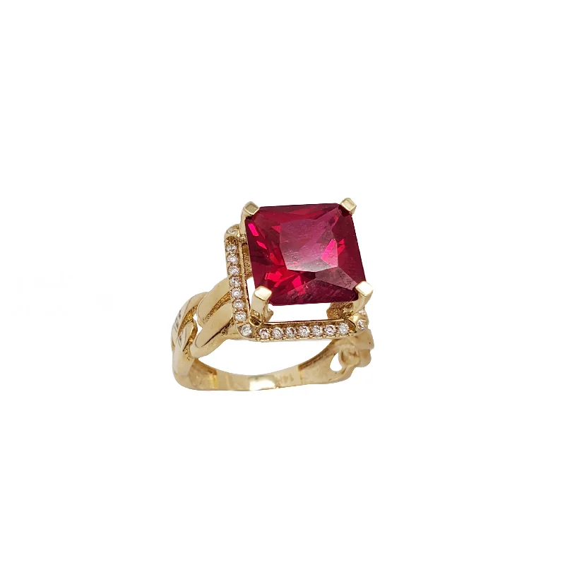 Custom Infinity Rings For Meaningful Gifts-Cuban link  Square Red Stone CZ Lady Ring (14K)