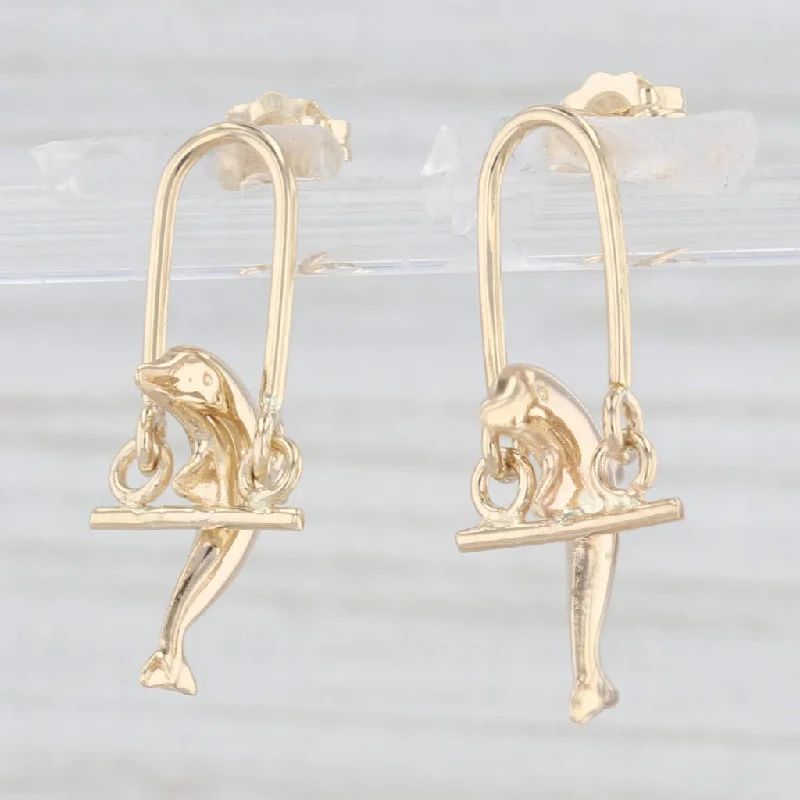 Unique Handmade Earrings For Brides-Dolphin Jumping Through Hoop Dangle Earrings 10k Yellow Gold Nautical