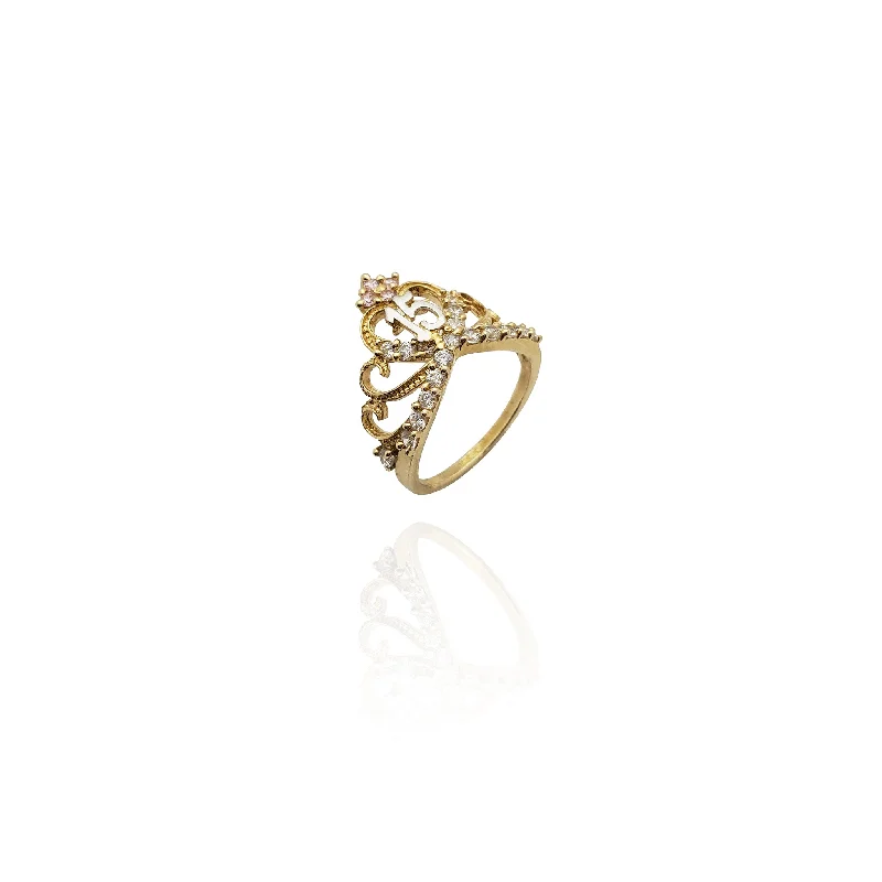 Unique Gold Rings For Bold Style-15th Birthday Crown CZ Ring (14K)