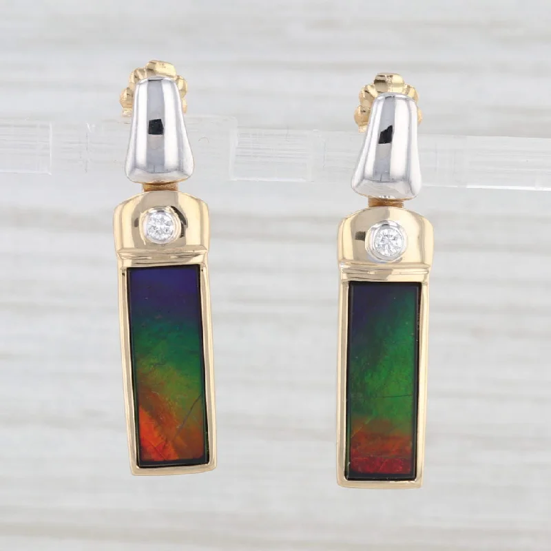 Elegant Earrings For Bridesmaids Gifts-Rainbow Ammolite Triplet Diamond Dangle Earrings 18k Yellow White Gold