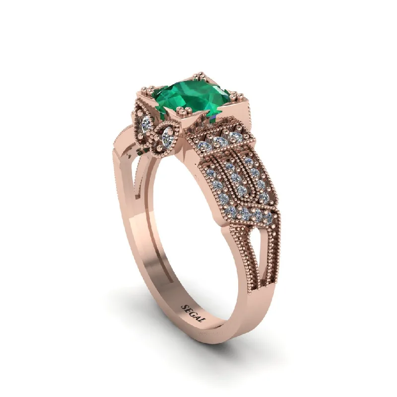 Dainty Rings For Minimalist Fashion-Emerald Milgrain Gold Engagement Ring - Lyric No. 5