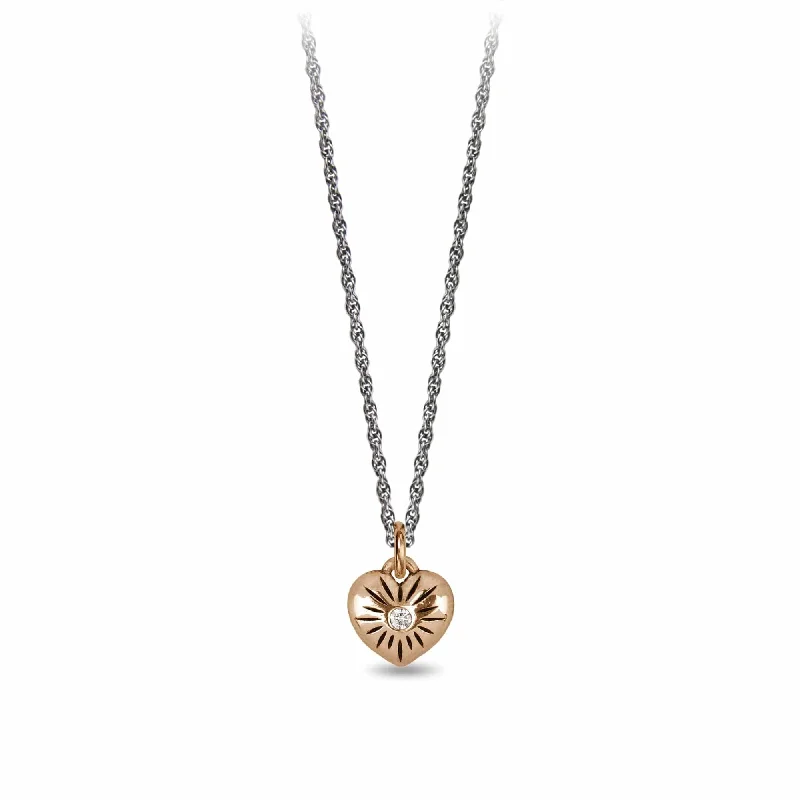 Large Pendant Necklaces For Bold Fashion-Small Puffed Bronze Heart Diamond Set Talisman Necklace