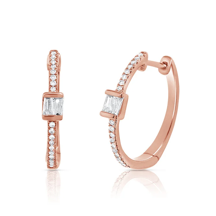 Classic Gold Earrings For Everyday Wear-14K Rose Gold Round and Baguette Diamond Hoop Earrings