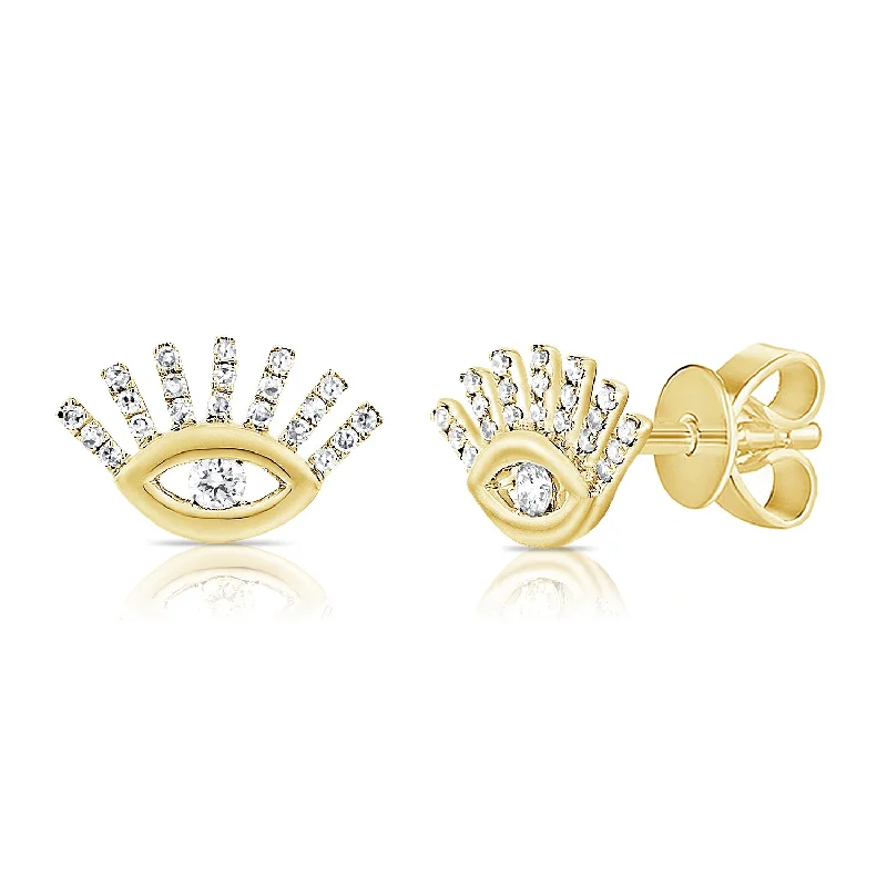 Sparkling Crystal Earrings For New Year-14K Yellow Gold Diamond Evil Eye Stud Earrings