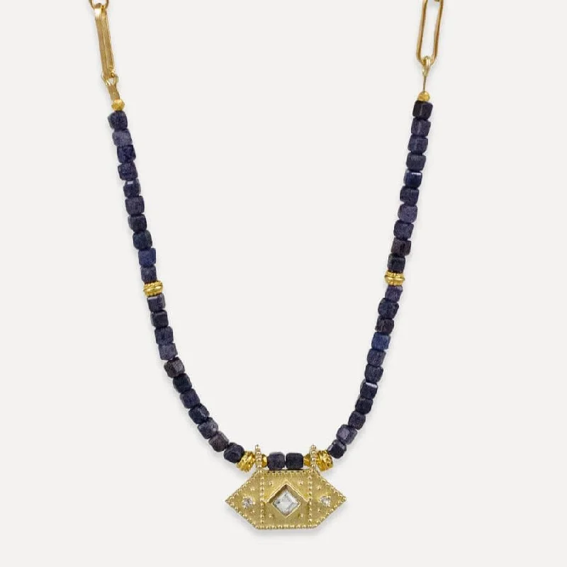 Stylish Bar Necklace For Fashion Forward-Blue Sapphire Mesa Necklace