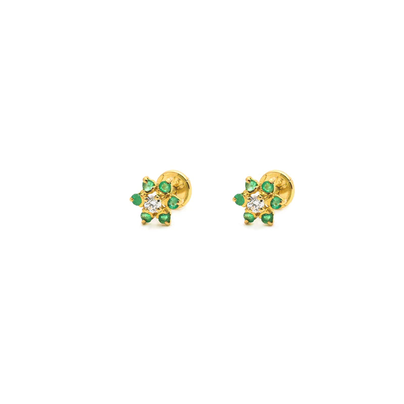 Sleek Hoop Earrings For Stylish Look-18K Yellow Gold Emerald and CZ Flower Children's Earrings