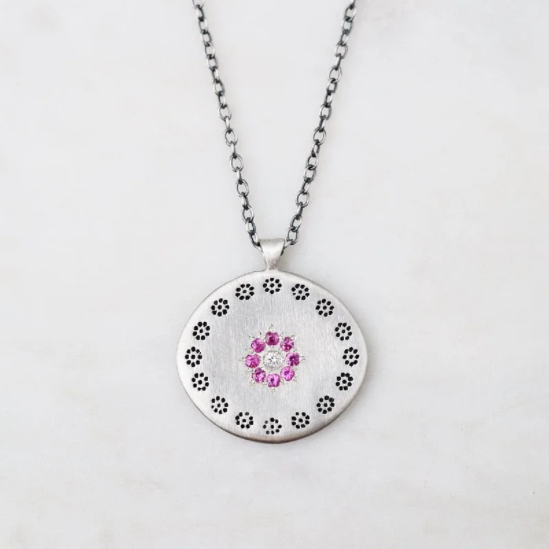 Fashionable Moon Necklaces For Evening Wear-Large Cluster Pendant Pink Sapphire Circle Necklace