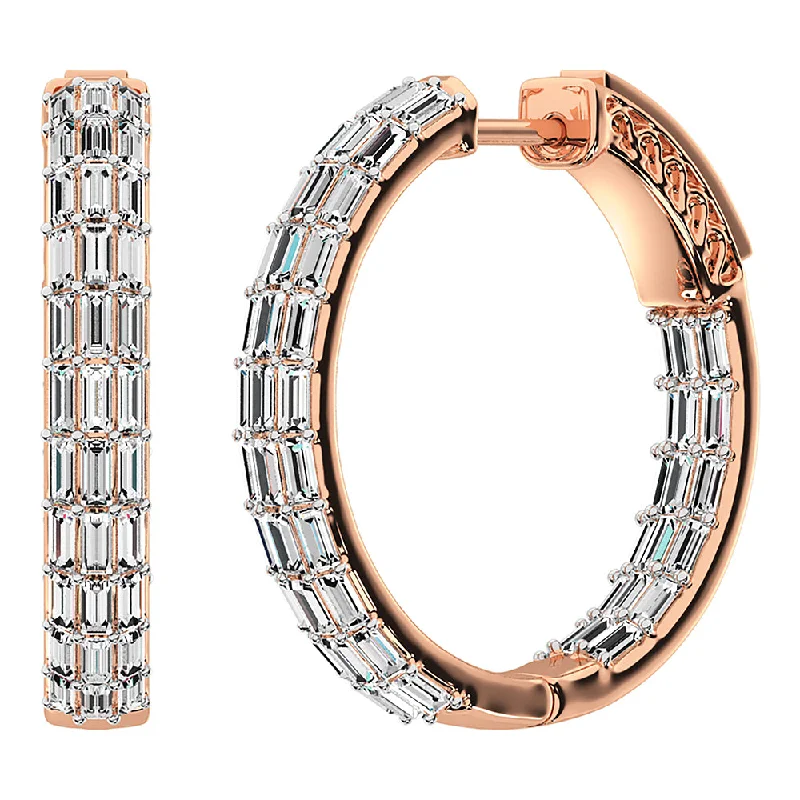 Trendy Chain Earrings For Bold Look-14K Rose Gold 1 Ct.Tw. Diamond Baguette Set Hoop Earrings