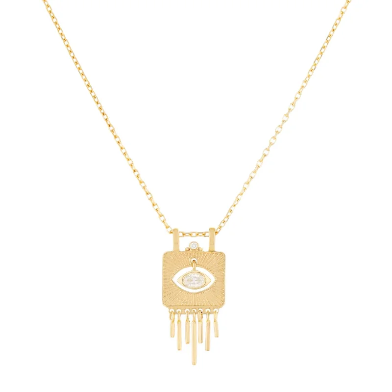 Gold Pendant Necklaces For Fashionable Women-Small Solid Gold Plate with Sunbeams & Dangling Eye Diamond Necklace