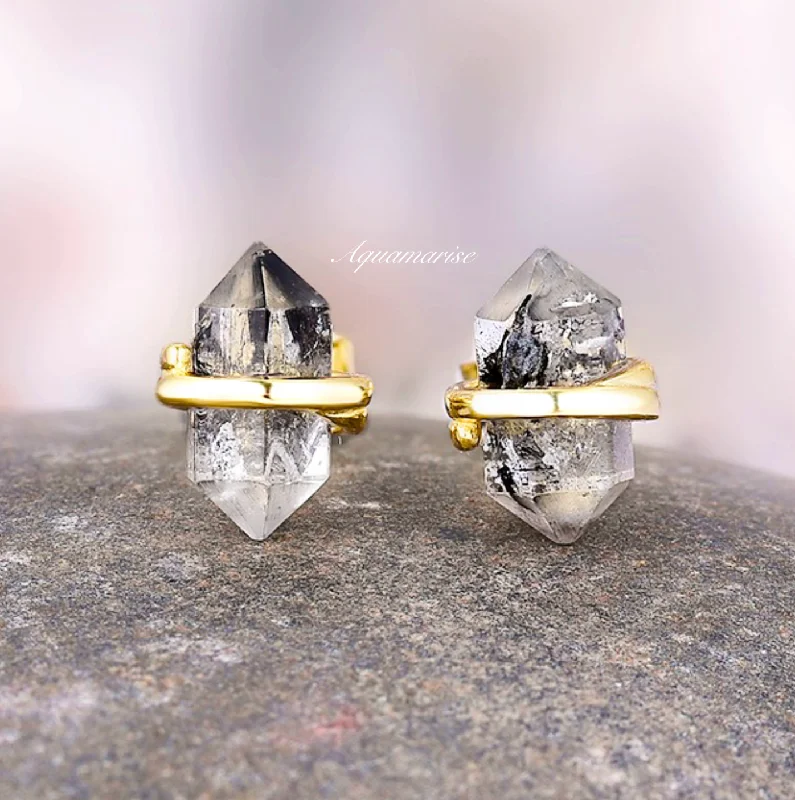 Unique Earrings For Personalized Style-Galaxy Raw Salt & Pepper (Herkimer) Diamond Stud Earrings- 14K Yellow Gold Vermeil