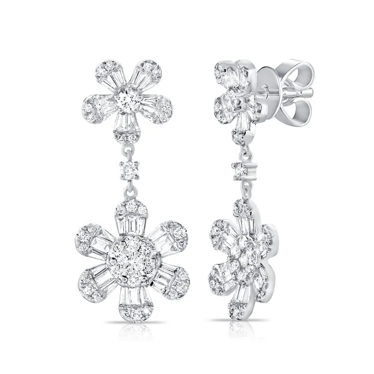 Vintage Style Stud Earrings-14K White Gold Double Diamond Flower Earrings