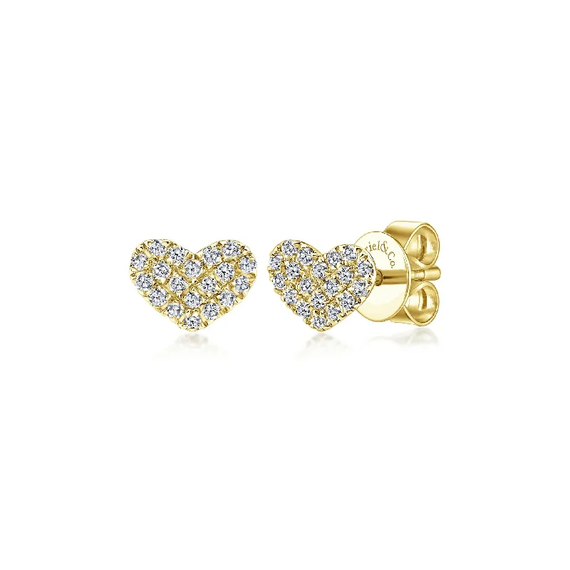 Modern Minimalist Earrings For Every Day-14K Yellow Gold Diamond Pave Heart Stud Earrings