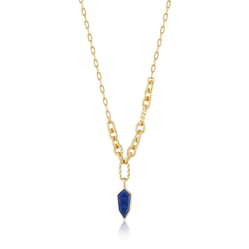 Colorful Stone Pendant Necklaces For Summer Wear-Gold Lapis Emblem Pendant Necklace