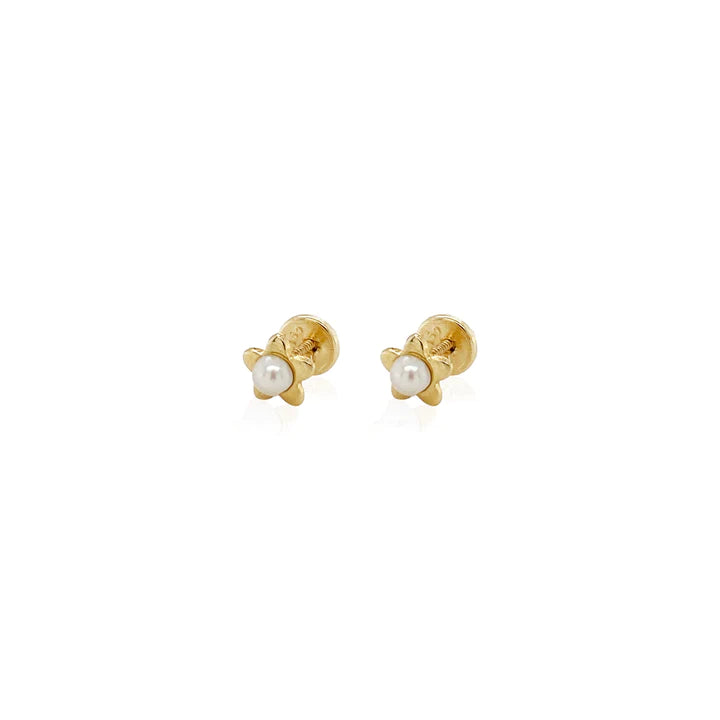 Classic Stud Earrings For Timeless Style-18K Yellow Gold Pearl and Star Children's Earring