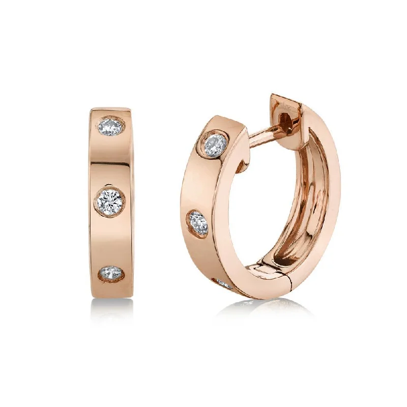 Chic Vintage Earrings For Everyday Wear-14K Rose Gold Diamond Huggie Earrings