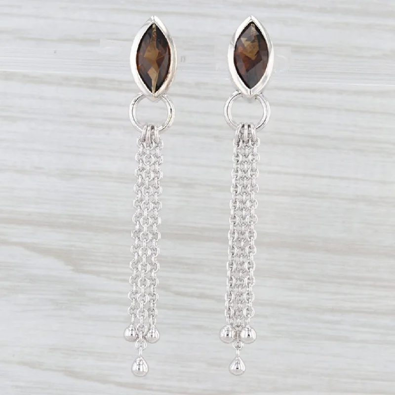 Hoop Earrings For Fashion Enthusiasts-4.26ctw Smokey Quartz Chain Fringe Dangle Earrings Sterling Silver Drops