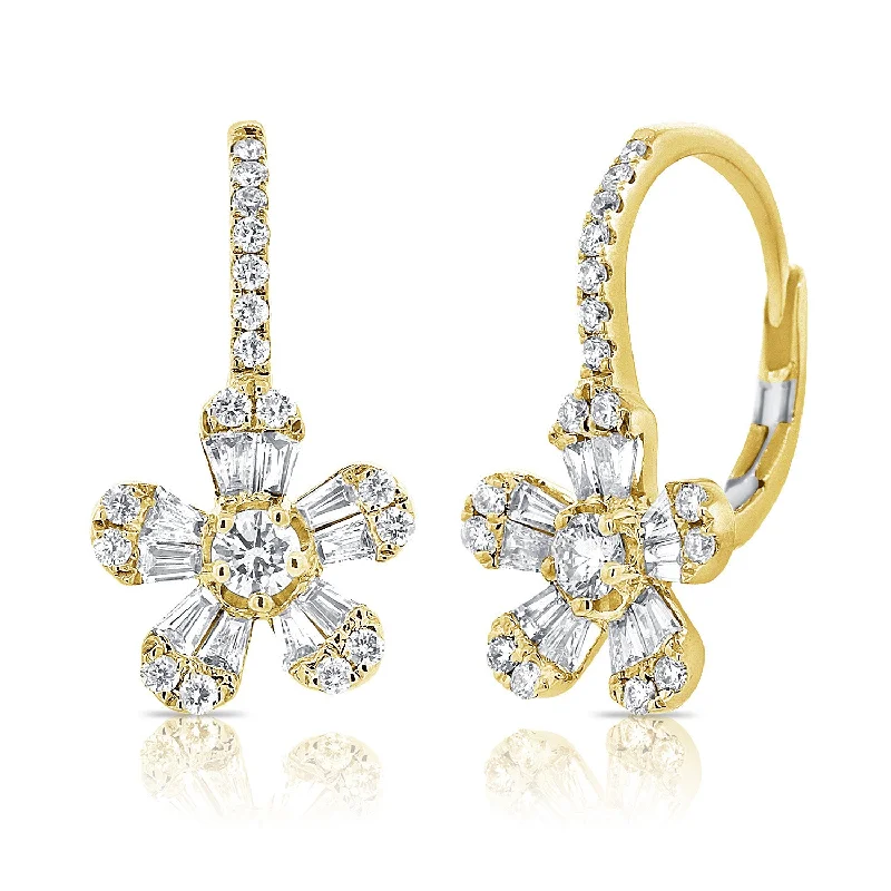 Trendy Resin Earrings For Bold Look-14K Yellow Gold Diamond Baguette Drop Flower Earrings