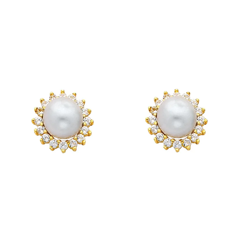 Trendy Silver Earrings For Bold Looks-14K  8mm Pearl with CZ Earrings