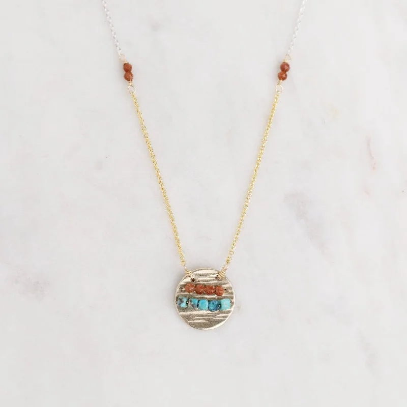 Fashionable Statement Necklaces For Parties-Gold Disc with Goldstone & Turquoise Necklace