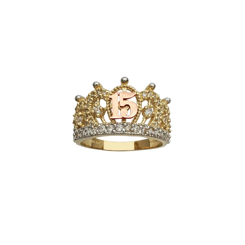 Stunning Gold Engagement Rings For Brides-15 Years Birthday Crown-Tiara Ring (14K)