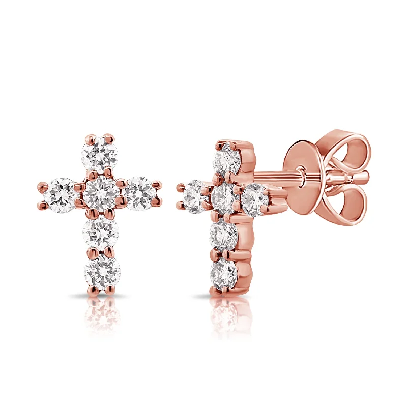 Sparkling Stud Earrings For Formal Events-14K Rose Gold Diamond Cross Earrings