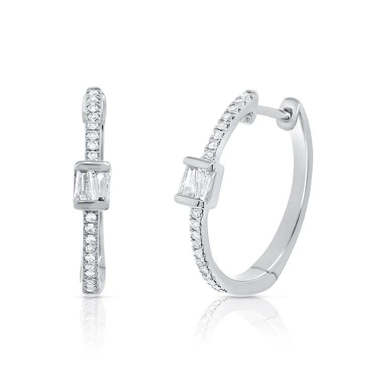 Luxury Diamond Earrings For Anniversary-14K White Gold Round and Baguette Diamond Hoop Earrings