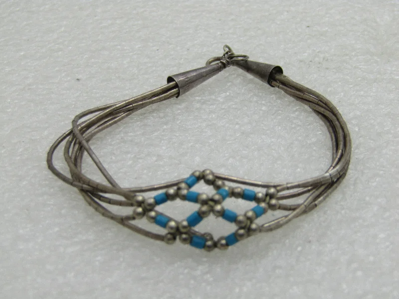 Bracelets For Cocktail Parties-Vintage Southwestern Liquid Silver Turquoise Bracelet, 6 Stands, 7"