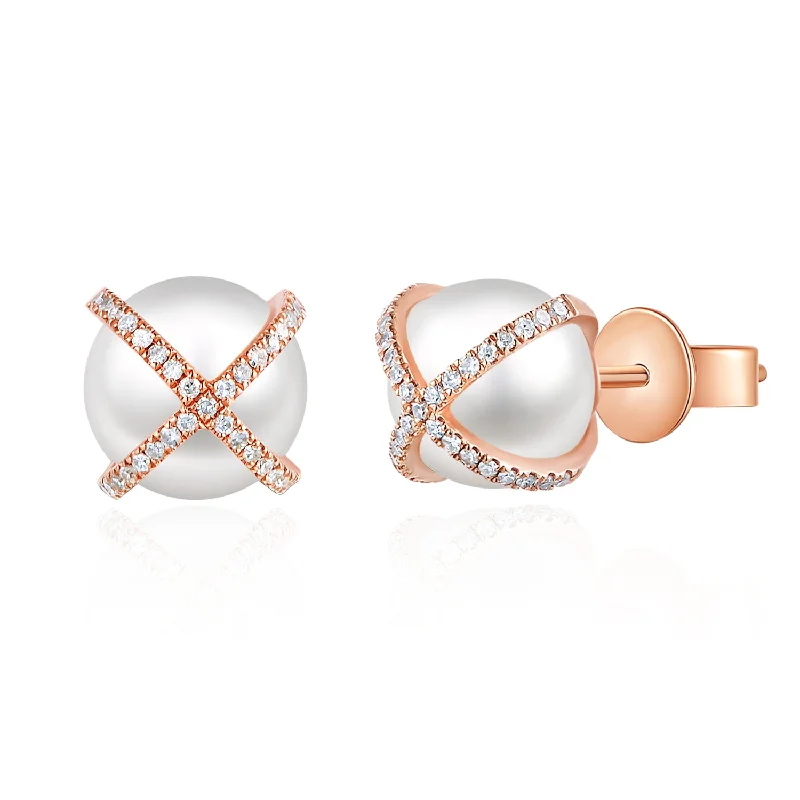 Unique Resin Drop Earrings For Bold Fashion-14K Rose Gold Diamond X + Pearl Earrings