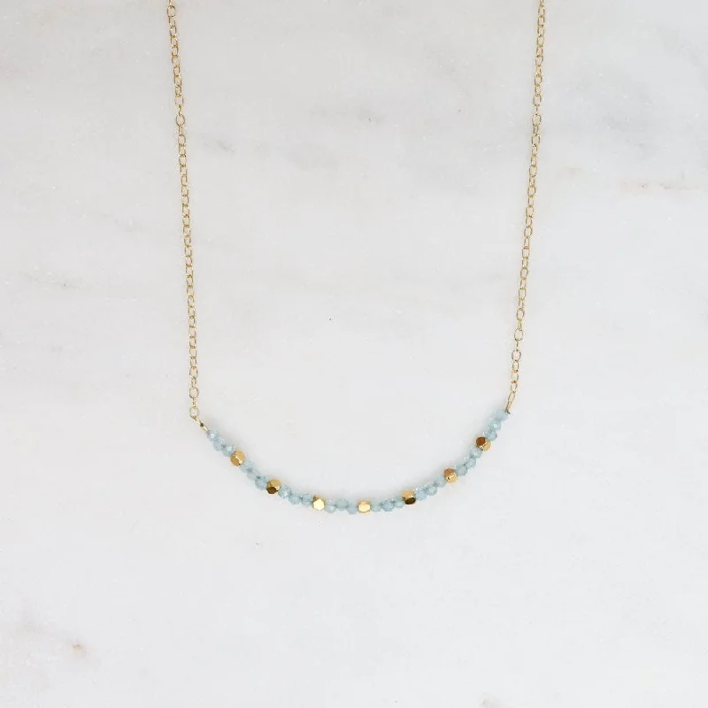 Stylish Bar Necklace For Fashion Forward-Aqua Blue Chalcedony & 18k Gold Vermeil Cubes Arc Necklace