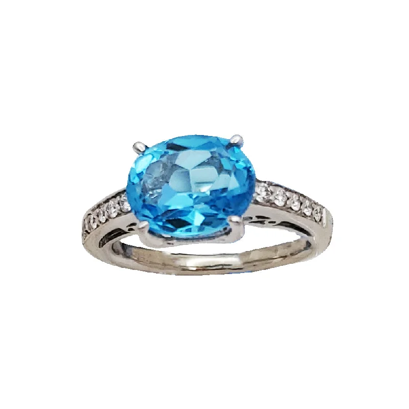 Custom Birthstone Wedding Rings For Brides-Diamond With Blue Topaz Ring (14K)