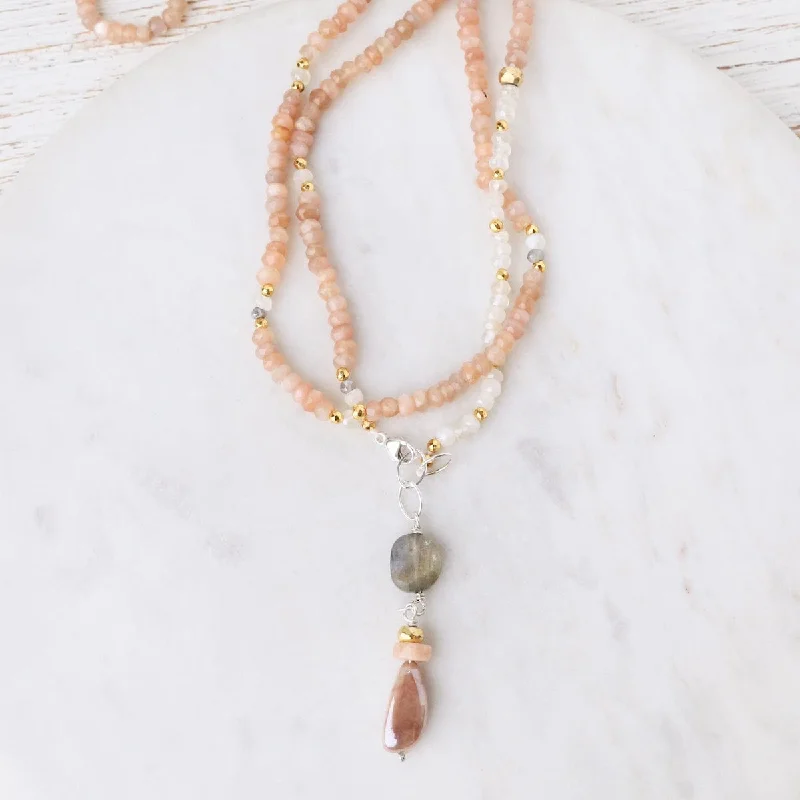 Classic Pearl Bar Necklaces For Timeless Elegance-Peach Moonstone Mix Necklace