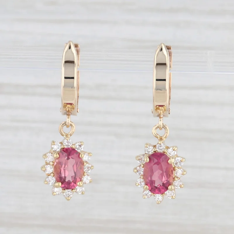 Classic Diamond Stud Earrings-2.11ctw Pink Tourmaline Diamond Halo Dangle Earrings 14k Yellow Gold Snap Top