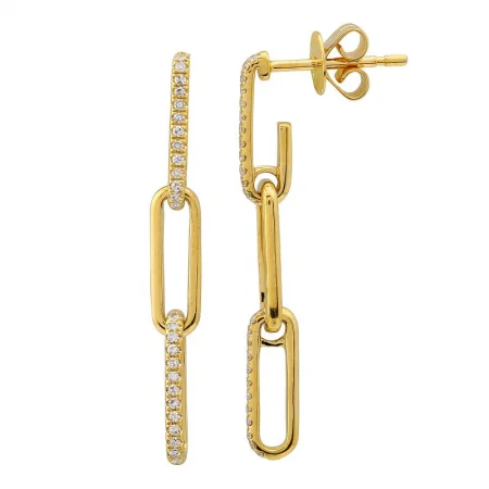 Classic Pearl Earrings For Vintage Style-14k Yellow Gold Diamond Link Dangling Paper Clip Earrings