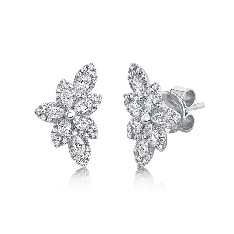 Crystal Drop Earrings For Formal Parties-14K White Gold Diamond Flower Stud Earring