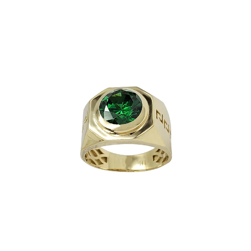 Unique Gold Engagement Rings For Brides-Green Zirconia Outlined Greek Key Men's Ring (14K)