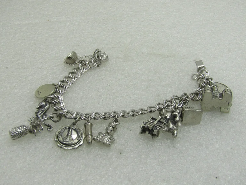 Bracelets With Geometric Shapes-Vintage Sterling Silver Charm Bracelet, 7", Elco, 7mm Double Link, 12 Charms