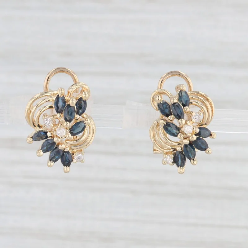 Vintage Inspired Earrings For Retro Lovers-1.09ctw Blue Sapphire Diamond Cluster Earrings 14k Yellow Gold Omega Backs