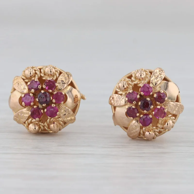 Colorful Earrings For Playful Fashion-Vintage 1.75ctw Ruby Cluster Flower Stud Earrings 18k Rose Gold