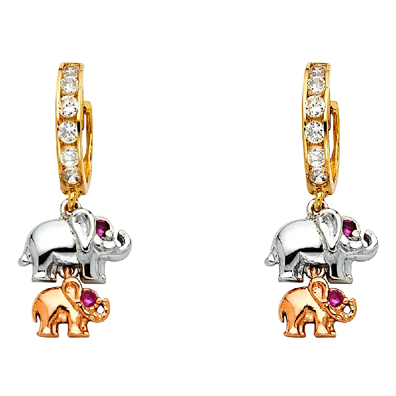 Customizable Earrings For Personal Touch-14K Tri-Color Gold CZ Elephant Hanging Earrings